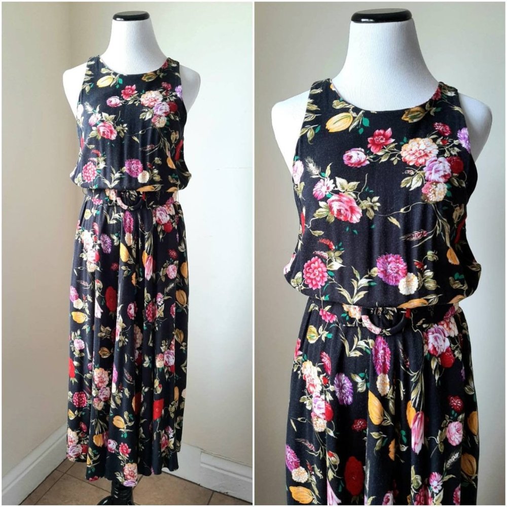 Vtg Wildflower Print Blouson Sleeveless Belted Long Rayon Dress Sm-Med